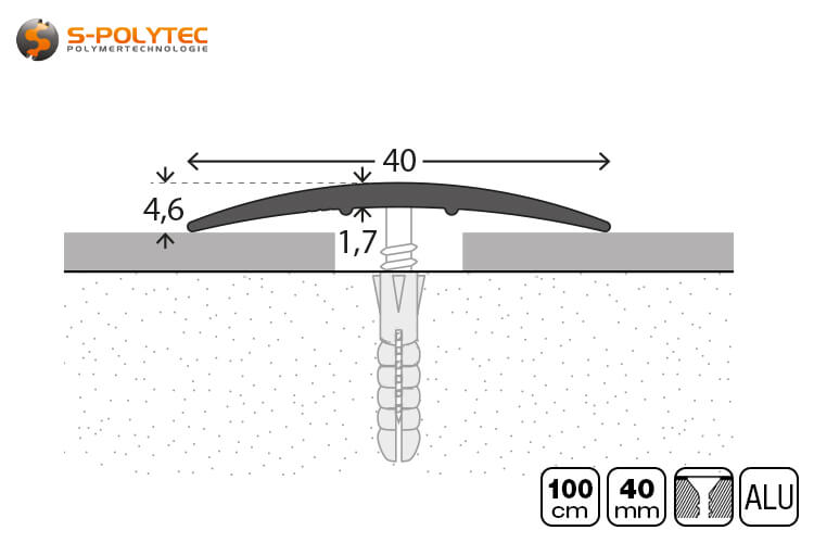 De geanodiseerde aluminium vloerprofielen voor schroeven met een profielhoogte van 4,6mm zijn 40mm breed