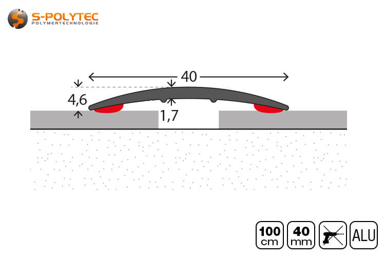 De zelfklevende geanodiseerde aluminium vloerprofielen zijn 40mm breed met een profielhoogte van 4,6mm