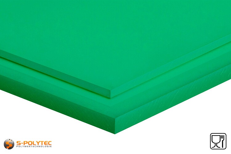 Polyethyleen platen (PE-UHMW, PE-1000) groen in diktes vanaf 8mm tot 70mm als standaard formaat platen 2,0 x 1,0 meter - detail